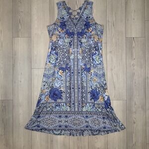 One World Boho Floral Print Dress Size XXL Blue V-Neck Maxi Crochet